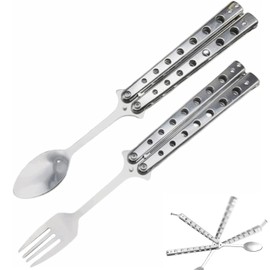 Butterfly Spoon Camping Spoon, Butterfly Fork and Spoon Set, 2 Pieces Foldable Utensils Camping Stainless Steel Utensils for Kitchen BBQ Camping Travel Outdoor