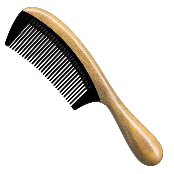 Onedor 100% Handmade Natural Green Sandalwood With Buffalo Horn Hair Combs - Anti-Static Sandalwood Scent Natural Hair Detangler Wooden Combs (Buffalo Horn Fine Tooth)