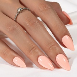 KQueenest Peach Pink Press on Nails Almond Medium Length, Almond False Nails with Glue, Glossy Solid Nude Pink Fake Nails Press ons Stiletto, Reusable Soft Gel Stick on Nail for Women, 24 Pcs