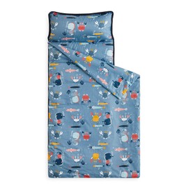 Wake In Cloud - Toddler Nap Mat with Pillow and Blanket, 100% Cotton Fabric, for Kids Boys Girls in Daycare Kindergarten Preschool, Sea Marine Creatures on Dark Blue, Extra Long