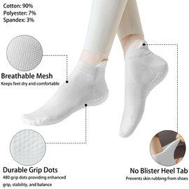 PUJANE 5 Pairs Grip Pilates Socks for Women, Non Slip Yoga Athletic Ankle Grippy Socks for Barre Ballet Gym Workout (White)