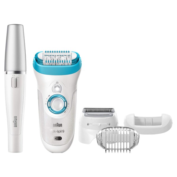 Braun Silk-épil 9 9-558 Wet and Dry Epilator with 5 Extras with Facial Epilator and Shaving Attachment White / Turquoise