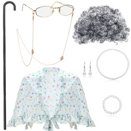Old Lady Costume Granny Wig Grandma Shawl Grandma Cane Glasses Necklace Bracelet Earrings(Fresh, Curly Hair)