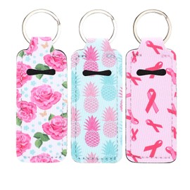 Arbootjin Chapstick Holder 3 Pack Lip Balm Holder with Key Ring for Lipstick Chapstick Lip Balm Lanyards Blue Pink