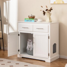 PETSITE White Cat Litter Box Enclosure, Modern Hidden Litter Box Furniture Side Cabinet with 2 Drawers, Double Doors, and Anti-toppling Devices, Ideal for Indoor Cats, 32 x 18 x 32 Inches