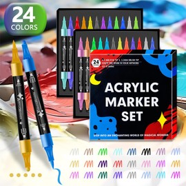 BAIRUIY Premium Acrylic Marker-24 Colors Dual Tip Acrylic Paint Pens Markers, for Wood, Glass, Rock, Canvas, Ceramic, DIY Crafts Making Art Supplies