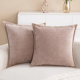 Hompooll 2 Packs Neutral Decorative Throw Pillow Covers 18x18 Inch Camel Farmhouse Soft Chenille Couch Pillow Covers, Modern Accent Euro Velvet Solid Pillowcase For Living Room Home Decor Bedroom Gift
