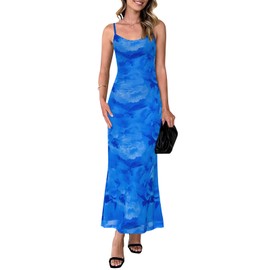 PRETTYGARDEN Womens Summer Dresses Spaghetti Strap Floral Maxi Dress Sleeveless Long Bodycon Dresses Wedding Guest Dress (Blue Floral, Medium)