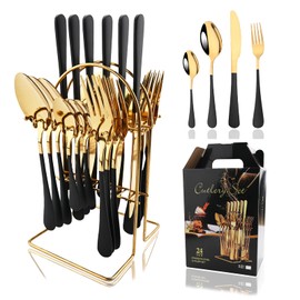 JASHII With Supporting shelf 24 Pieces Utensils Cutlery Set, Hanging Stainless Steel Flatware Set for 6, Include knife fork spoon and stand, Mirror, Dishwasher Safe - Black Gold