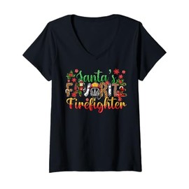 Womens Santa's Favorite Firefighter Christmas Gifts For Men Women V-Neck T-Shirt