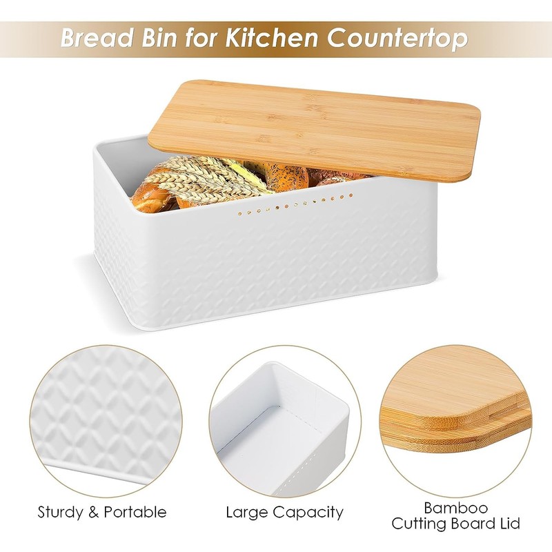 Widousy Bread Bin with Bamboo Lid, White Bread storage box