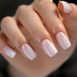 24PCS Gradient French Tip False Nails - Short Square Press on Nails - Gradient White Pink Fake Nails with Glue - Coffin Full Cover Glossy Acrylic Stick on nails for Women Girls Nails Art Accessories