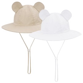 MK MATT KEELY 2 PCS Baby Sun Hat with Ears Toddlers Newborn Cotton Bucket Hat Kids Boys Girls Summer Beach Cap with Chin Strap,White+Beige,Age 6-12 Months