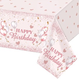 137 x 274 cm Pink Birthday Tablecloth Happy Birthday Tablecloth Girls and Women Rectangle Waterproof Tablecloth for Pink Theme Party Garden Picnic Baby Shower Birthday Party Decoration