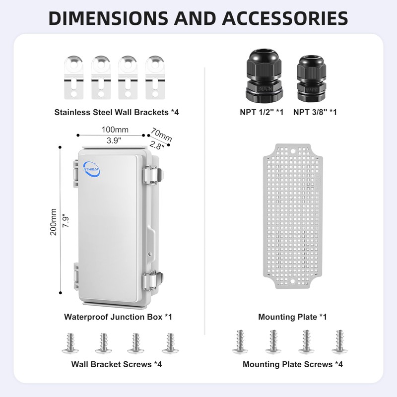 RTHIEAI Waterproof Outdoor IP67 Junction Box (7.9"x3.9"x2.8") with Mounting Plate,