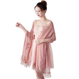 SamHeng Women's Tulle Scarves and Wraps for Evening Dresses, Elegant Embroidered Flower Rhinestone Stole Wrap, Wedding Shawl Tassels Pashmina Wrap for Bridesmaids Proms Party Costume, Dark pink