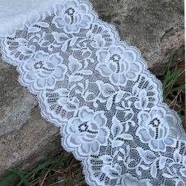 LUMKET White Stretch Lace Fabric 6 Inches Wide Lace Trim Ribbon for Bridal Wedding Decorations, Sewing DIY Making and DIY Crafts- 5 Yard (8198 white)