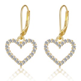 14K Gold Plated Sterling Silver Lever Back Heart Dangle Earrings for Women, Leverback Heart Hoop Earrings Hypoallergenic Jewelry Gift (Gold)