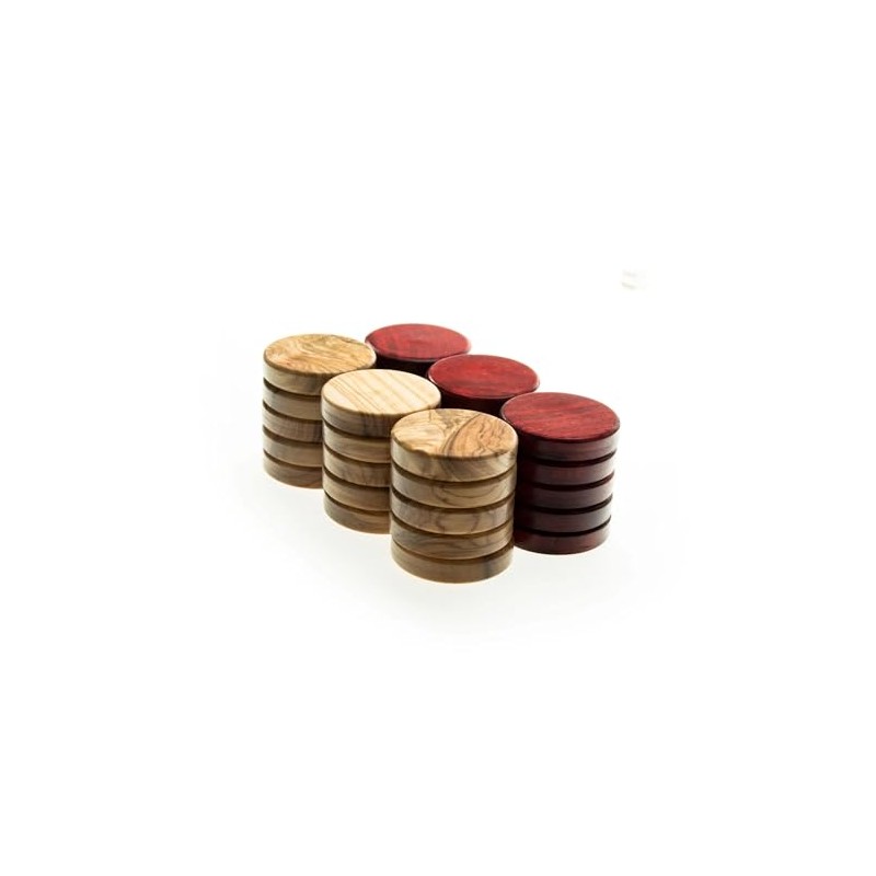 Luxury Manopoulos Olive Wood 36mm Backgammon Checkers - Red and