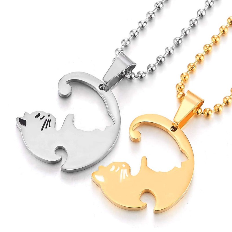 COOLSTEELANDBEYOND Pair Steel Gold Silver Matching Kitty Cat Friendship Pendant