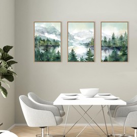 TOARTi Watercolor Mountain Framed Canvas Wall Art Set,Boho Forest Wall Decor,Nature Green Pines Wall Painting,Forest Wilderness Artwork for Living Room,Bedroom,Dining Room,Office 12x16inchx3pcs