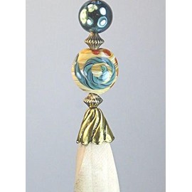 Long Blonde Light Wood with Cream & Metallic Green Iridescent Glass Ceiling Fan Pull Chain