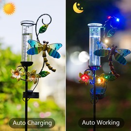 Stargarden Rain Gauge Outdoor, Metal Dragonfly Rain Gauge with 5 inch Glass Tube, Decorative Solar Rain Gauge with LED Lights for Yards, Lawns, Pathways, Patios