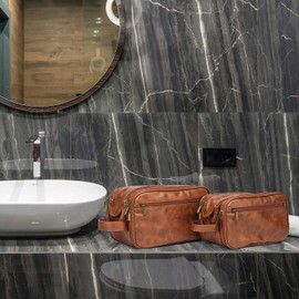 Laripwit Travel Toiletry Bag for Men 2-Piece Set PU-Leather Wash Bag Shaving Dopp Kit Bathroom Water-Resistant Makeup Cosmetic Case for Toiletries Organizer Brown