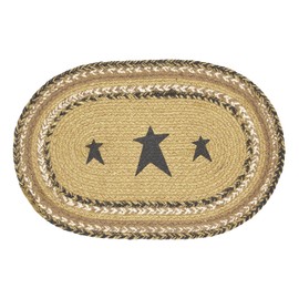 VHC Brands Kettle Grove, Dining Table Placemat, Braided Jute, Stars, Oval, Tan & Black, 10x18