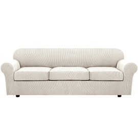 H.VERSAILTEX 4 Piece Stretch Sofa Covers for 3 Cushion Couch Covers for Living Room Furniture Slipcovers (Base Cover Plus 3 Seat Cushion Covers) Upgraded Thicker Jacquard Fabric (XL Sofa, Ivory)