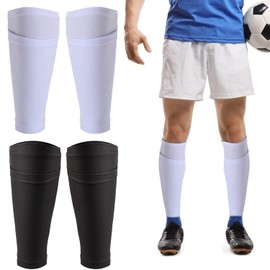 TOBWOLF 2 Pairs Soccer Shin Guard Socks, L Size, Breathable Soccer Shin Guard Sleeves with Pocket for Football Shin Pads, Shin Pads Holder for Kicking Ball, Running, Cycling - Black & White