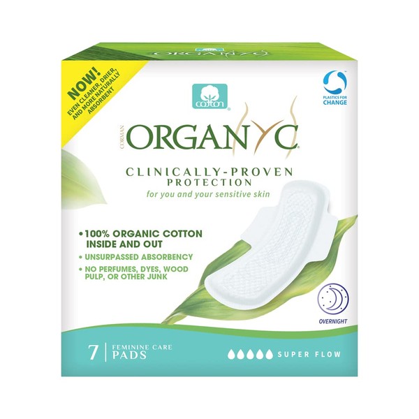 Organyc New and Improved 100% Certified Organic Cotton Overnight Feminine Pads, Heaviest Flow, Super Absorbency 2.0, 7 Count