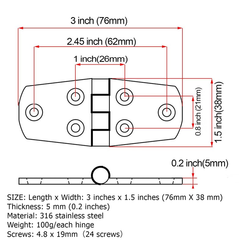 316 Stainless Steel Hinges Marine Grade 4 Pcs 3" x