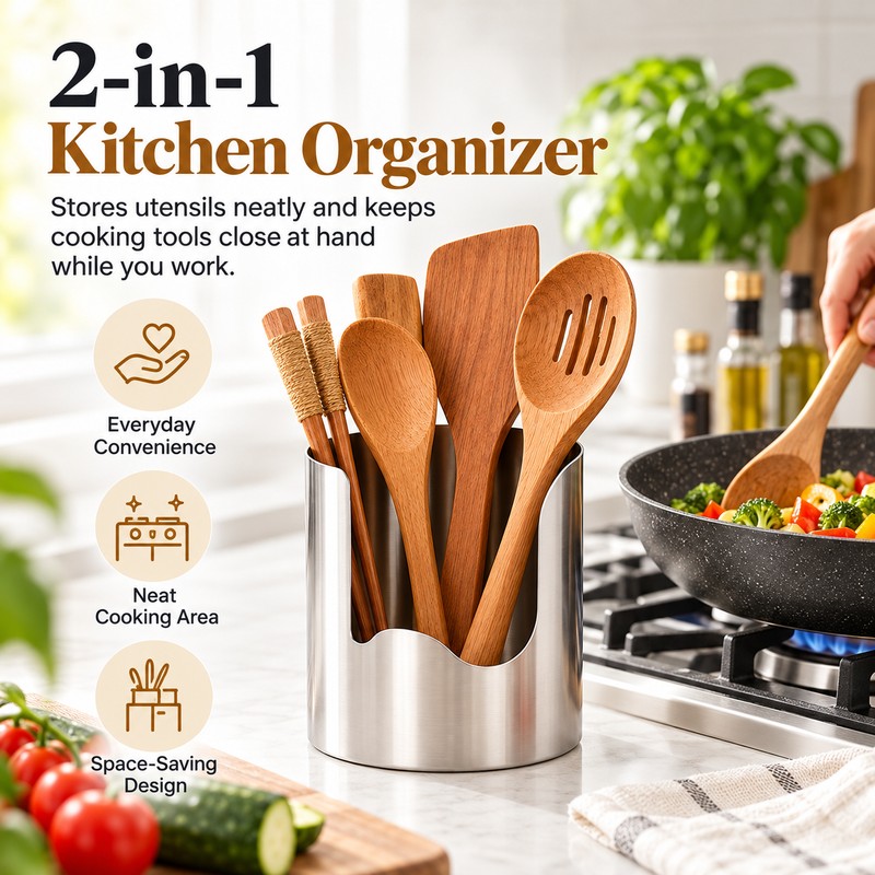 2-in-1 Utensil Rest for Kitchen Counter – Stainless Steel Spoon