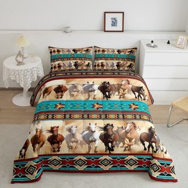 Horses Comforter Set Twin Horse Themed Room Decor for Girls, Bohemian Native Aztec African Tribal Horse Print Bedding, Boho Western Rustic Farmhouse Bedroom Duvet Insert Exotic Nordic Style Quilts