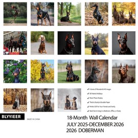 2025-2026 Wall Calendar,Doberman Wall Calendar, 12" x 24" Open,Family Planner Calendar Organizer with Doberman Images, for Dogs Lovers