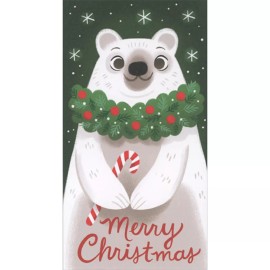 RSVP Cute White Bear Holly Scarf Holding Candy Cane Money Holder Christmas Card