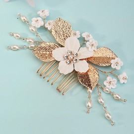 Leaf Bridal Hair Clip for Women White and Gold Hair Side Comb for Bride Wedding and Party Accessory