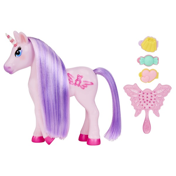MGA Dream Bella Small Candy Unicorn - Lavender - Gummy Bear Motif - Purple Mini Unicorn with 3 Scented Candy Hair Clips, Long Mane, Brush & Scratch 'N Sniff Label - from 3 Years