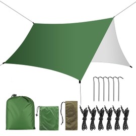 KIMIGO Tarp 3 x 3 m Waterproof Camping Tent Tarp, UV Protection Camping Awning Tent, Tent Tarpaulin Waterproof with 6 Pegs and 6 Ropes Sun Protection for Hammock Outdoor Travel Picnic Green