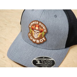SIMMER DOWN Cowboy Skull Hat, Grey and Black Mesh Cap, Flexfit 110 Baseball Cap, Western Style Hat