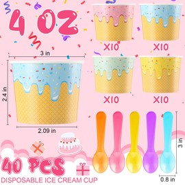 Ninehaoou 40 Pack 4 oz Ice Cream Cups with Spoons Paper Dessert Cups Colorful Sundae Bowls Disposable Ice Cream Containers for Hot Soup Spring Summer Graduation Bar Party Supplies