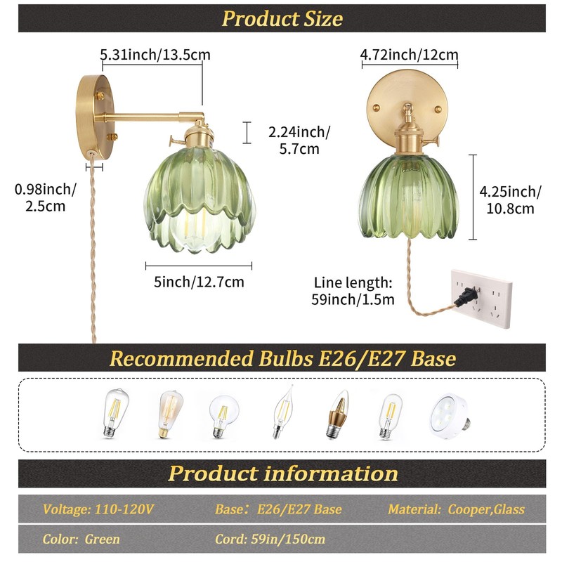 Shenmoyl Plug in Wall Sconce, Green Tulip Glass Lampshade Wall