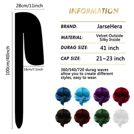 JarseHera Velvet Extra Long-Tail Durags for Men Waves, 4 Pair, Multiple Colors - Black, Navy Blue, Royal Blue, White, One Size Fits Most