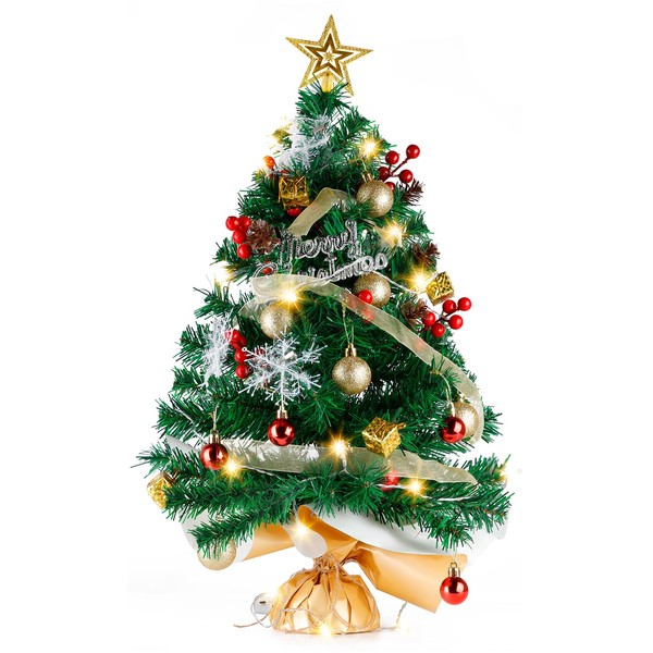 Mini Christmas Tree, Green, 60 cm, Siebwin Artificial Christmas Tree, Small with Lighting and Treetop Star, Christmas Decoration for Home, Office, Shop, Desktop