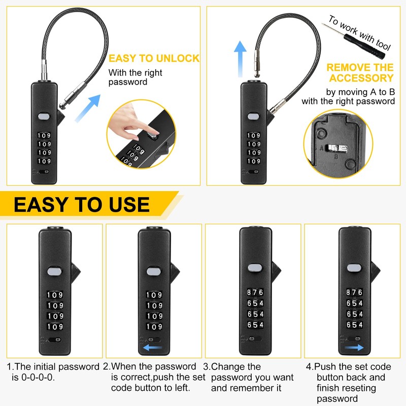 DELSWIN Cable Locks with Combination, 4-Digit Gate Lock with 3