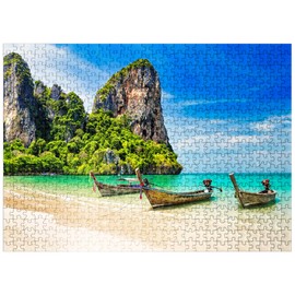MyPuzzle Thai Longtail Boat On Sandy Railay Beach in Krabi Province Thailand - Premium 500 Piece Jigsaw Puzzle for Adults