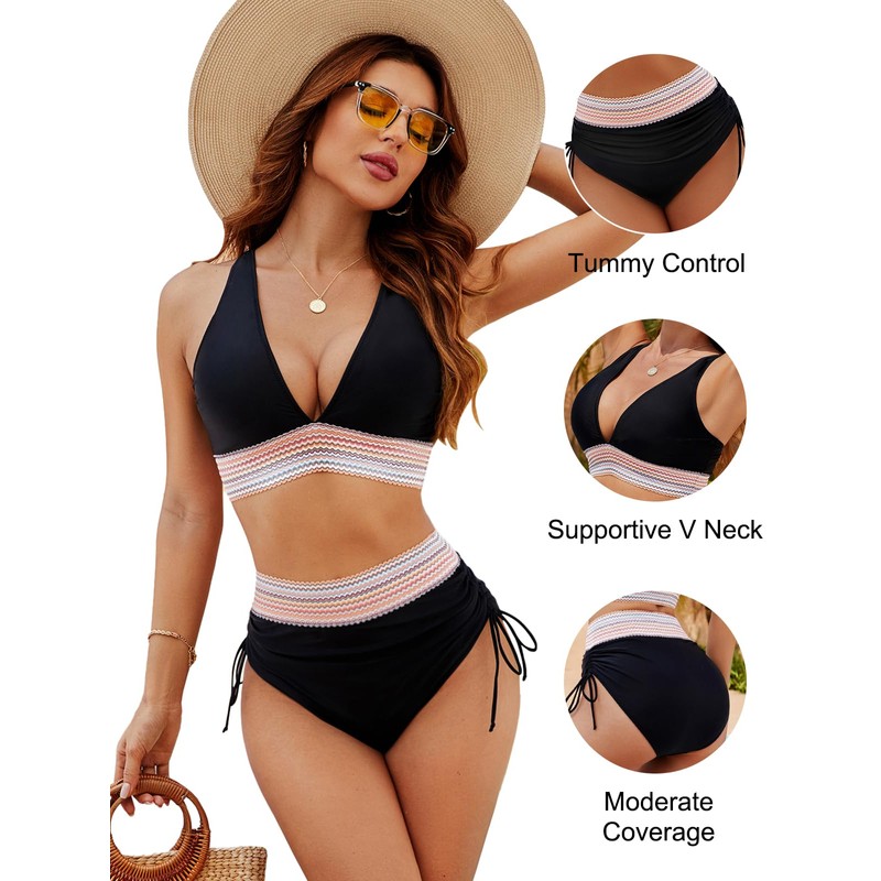 Blooming Jelly Womens High Waisted Bikini Tummy Control Swimsuits Two