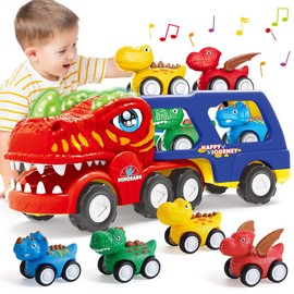 INSTOY Toddler Truck Toys for 2 3 4 5 Year Old Boys Gifts, 5-Pieces Dinosaur Car Toys for Boys Age 2 3 4 5 6, Monster Truck Toys for Kids 2-4, Pull Back Cars for Toddlers Girls Age 2-5 Birthday Gifts