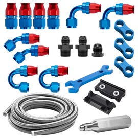 AOOSEDOO 6AN PTFE Fuel Line Kit, AN6 E85 Stainless Steel Braided PTFE Fuel Line Hose 20FT With 6AN Hose End Fittings Straight/45/90/180 Degree Red&Blue, Sliver